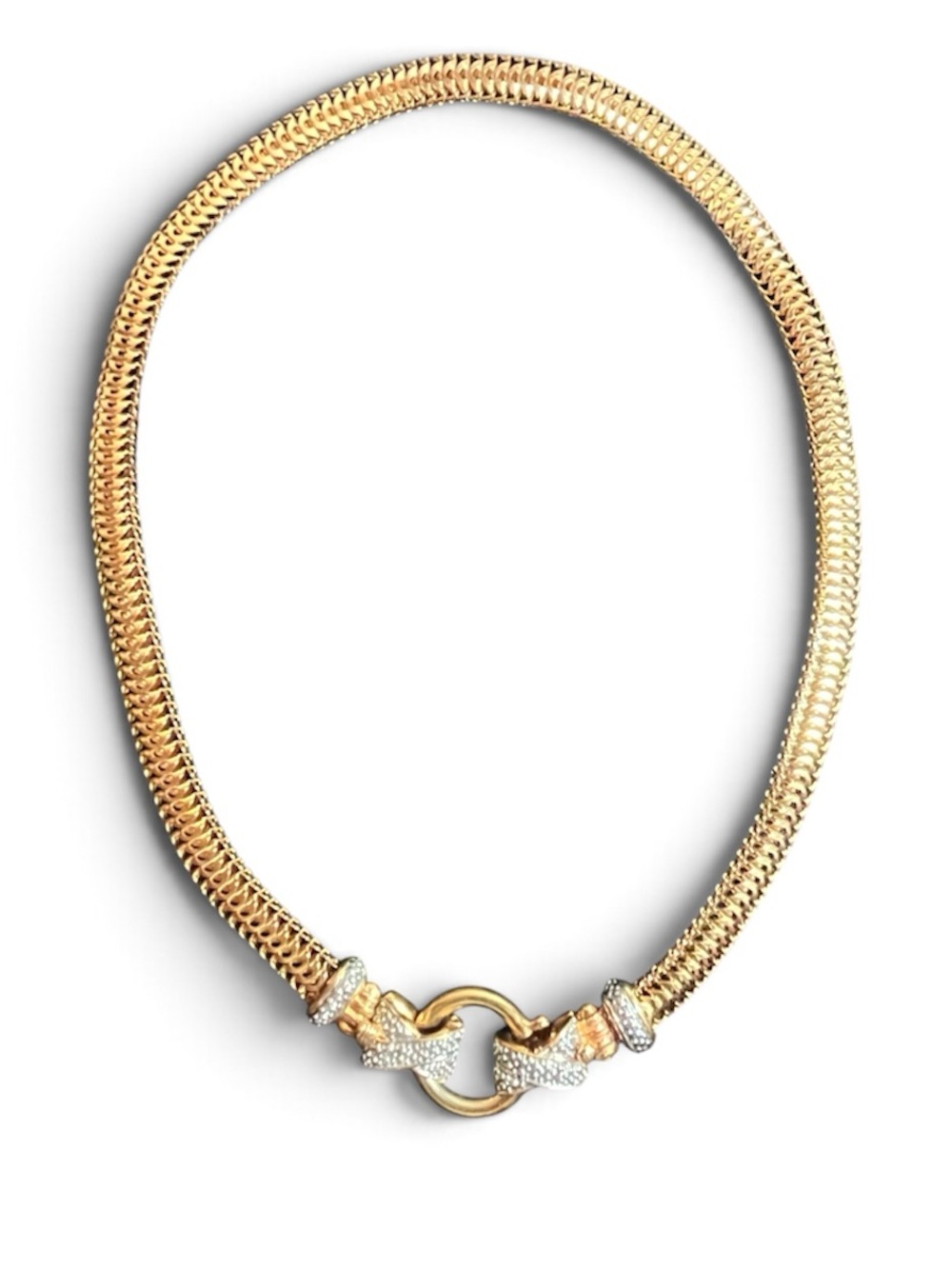Vintage Gold Tone Mesh Statement Necklace Mixed Metal Sculptural Clasp